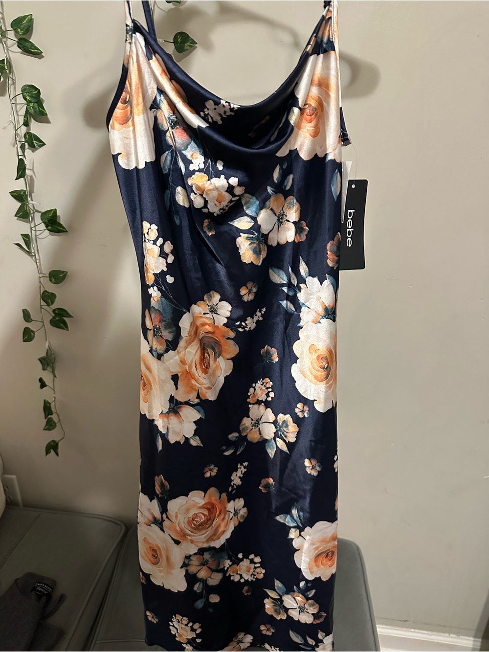 bebe Navy Floral Satin Cowl Slip Dress with Peach Roses